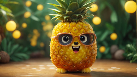 Funny pineapple with sunglasses on wooden table in front of blurred backgroundの素材