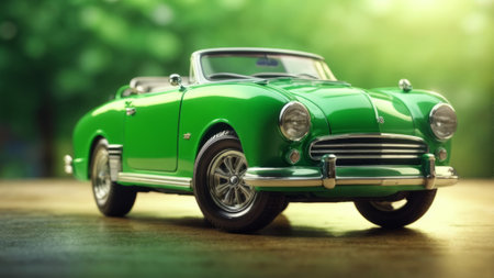 Classic green car on wooden table in front of blurred nature background.の素材
