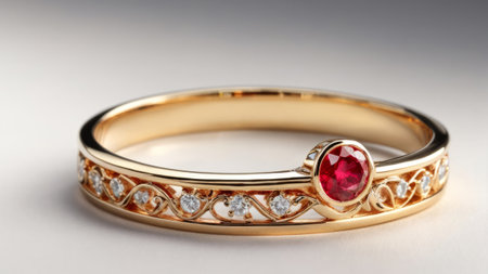 Golden ring with red gemstone on a white background, closeupの素材