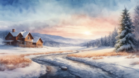 Winter landscape with house in the mountains. Panoramic image.の素材