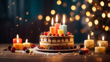Birthday cake with burning candles on wooden table, close-upの素材