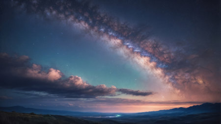 Milky way over the mountains at night, panoramic viewの素材