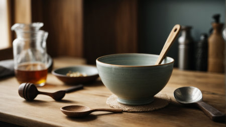 Bowl and spoon on wooden table, closeup. Cooking utensilsの素材