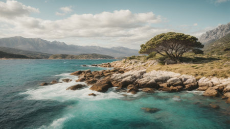 Beautiful seascape with turquoise sea and mountains in the backgroundの素材