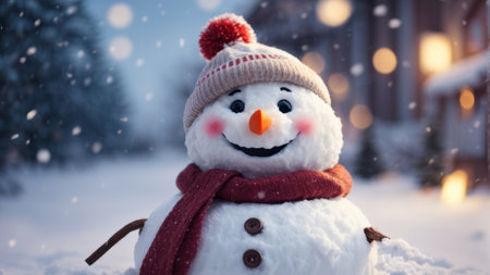 Snowman in a red scarf, hat and mittens on a background of a winter street.の素材