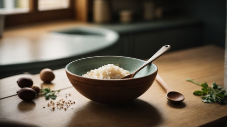 Rice in a ceramic bowl on a wooden table in the kitchenの素材
