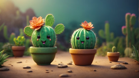 Cactus with funny face in terracotta pot on natural backgroundの素材