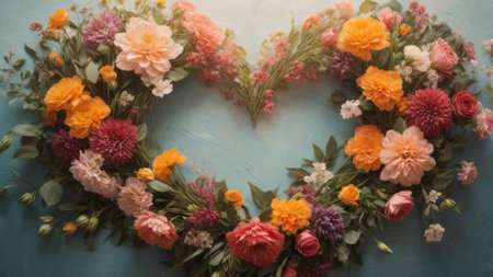 Colorful flowers in the shape of a heart on a blue backgroundの素材