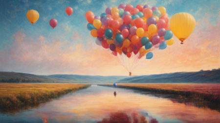 Colorful hot air balloons flying over the lake at sunset. 3D Renderingの素材