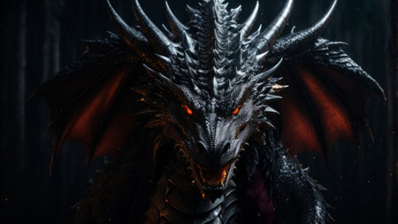 Fantasy dragon in a dark forest. Fantasy dragon. 3d rendering.の素材