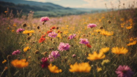 Colorful flowers on the meadow in summer. Vintage style.の素材