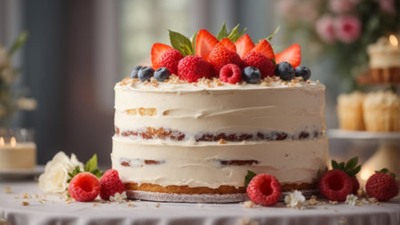 Delicious cake with berries on table, closeup. Delicious dessertの素材