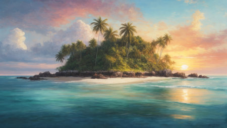 Tropical island with palm trees and turquoise sea at sunsetの素材