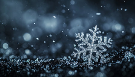 Snowflake on black background with bokeh effect. 3d illustrationの素材