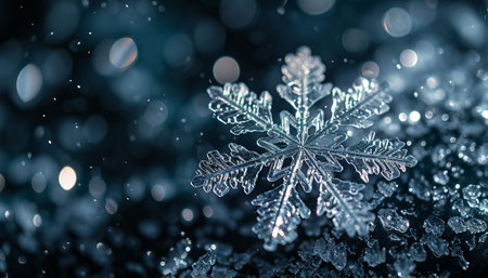 Snowflake on black background with bokeh and snowflakesの素材