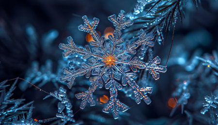 Beautiful snowflake on the background of a Christmas tree. Macroの素材