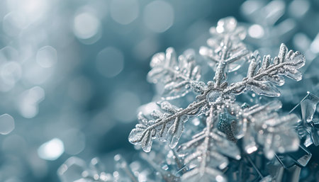 Silver snowflake on blue bokeh background. Christmas background.の素材