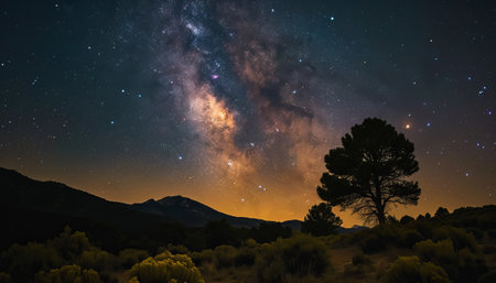 Milky Way Galaxy and Pine Tree in the Desert. Long exposure photograph.の素材