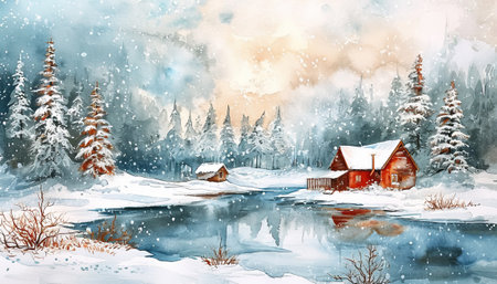 Winter landscape with wooden house on the bank of the river. Digital painting.の素材
