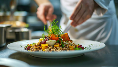 Close-up of chef's hands preparing salad with quinoa and vegetablesの素材