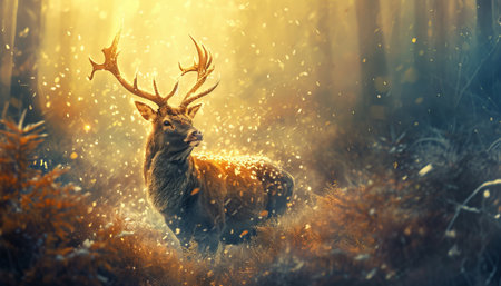Fallow deer stag in the misty forest. Nature background.の素材