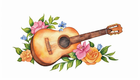 Guitar with flowers on a white background. Watercolor illustration.の素材