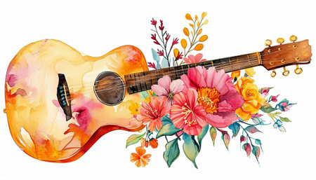Guitar with flowers. Watercolor illustration on white background.の素材