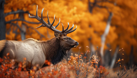 Bull elk in autumn forest. Beautiful nature scene with animal.の素材
