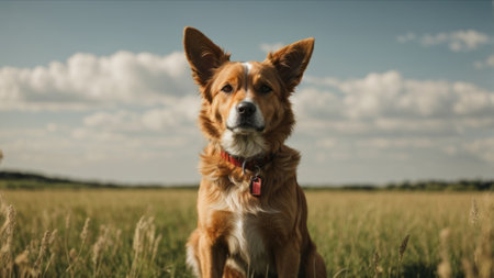 Red Nova Scotia Duck Tolling Retriever sitting in the fieldの素材