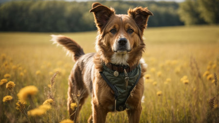 Portrait of a dog in a field of yellow dandelionsの素材