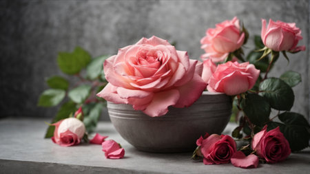 Bouquet of pink roses in a bowl on a gray backgroundの素材