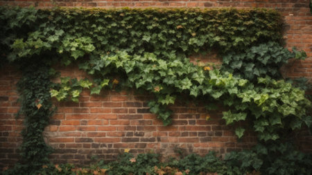 Old brick wall covered with green ivy leaves. Natural background.の素材