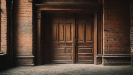 Old wooden door with brick wall background, 3d rendering. Computer digital drawing.の素材