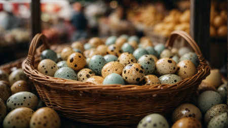 Easter eggs in a basket on the counter of the store.の素材