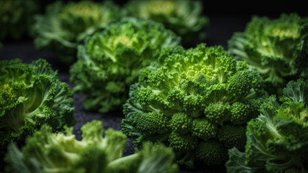 Close up of fresh green kale on black background, Selective focusの素材