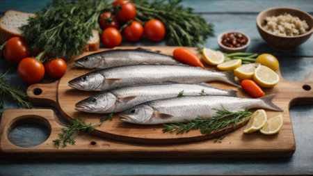 Fresh raw sea bass fish on cutting board with ingredients for cooking on wooden backgroundの素材