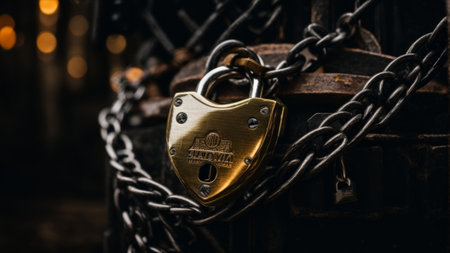 Locked padlock on a chain on the background of the night cityの素材