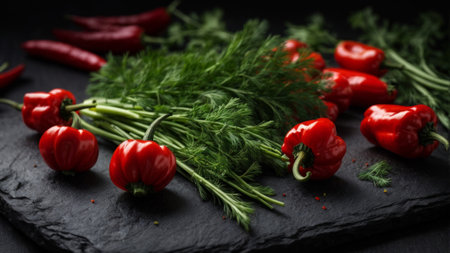 Fresh dill and red peppers on a black slate plate, selective focusの素材