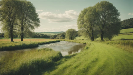 Panoramic view of a river flowing through the countryside in Englandの素材