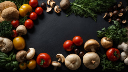 Fresh vegetables and mushrooms on a black background. Top view, copy spaceの素材