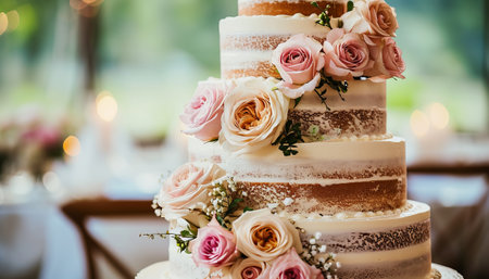 Wedding cake with roses. Wedding cake decorated with flowers.の素材