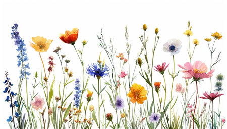 Watercolor summer floral background with wildflowers and cornflowersの素材