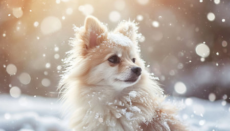 Cute pomeranian dog in the snow. Winter background.の素材
