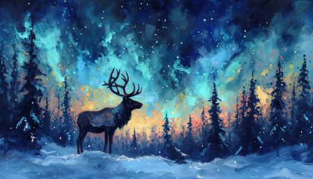 Majestic winter landscape with elk in the forest. Digital painting.の素材