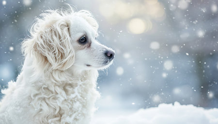 Cute white dog in winter park. Snowfall. Winter background.の素材