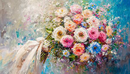 Oil painting of bouquet of colorful flowers on canvas, floral backgroundの素材