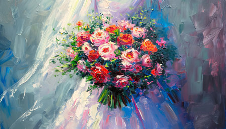 Bouquet of pink and red roses on a white background.の素材