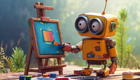 vintage robot painting on easel in the garden. 3d illustrationの素材