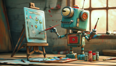robot and easel with paints on the table in the workshopの素材