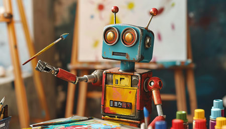 Vintage toy robot with paintbrush on easel in art studioの素材